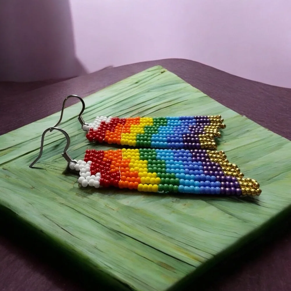 Rainbow Gold Seed‎ Bead Beaded Earrings 2.5” Dangle Earrings Handmade
